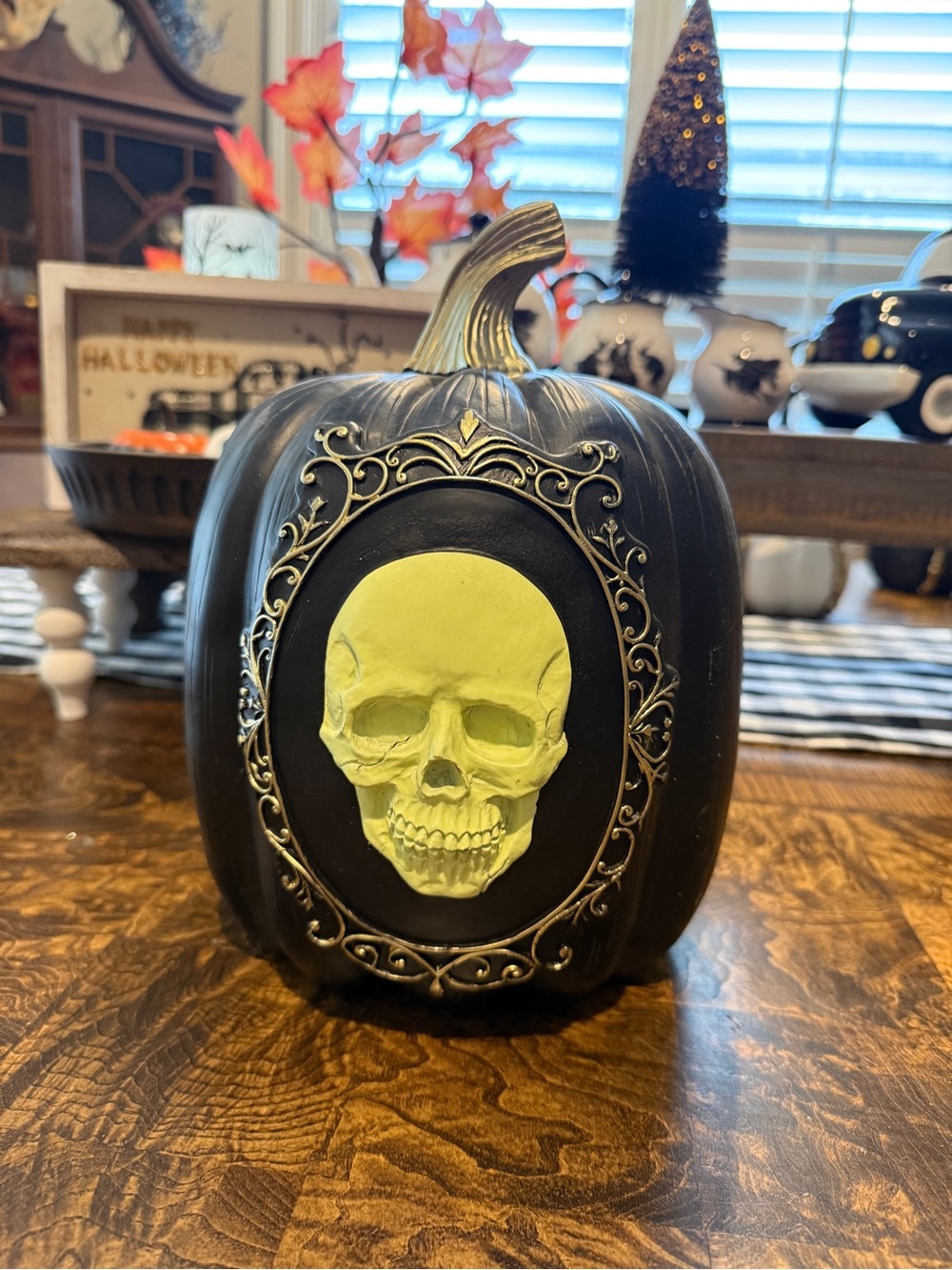 T.J.Maxx Gothic Pumpkin with Glow-in-the-Dark Skull Medallion